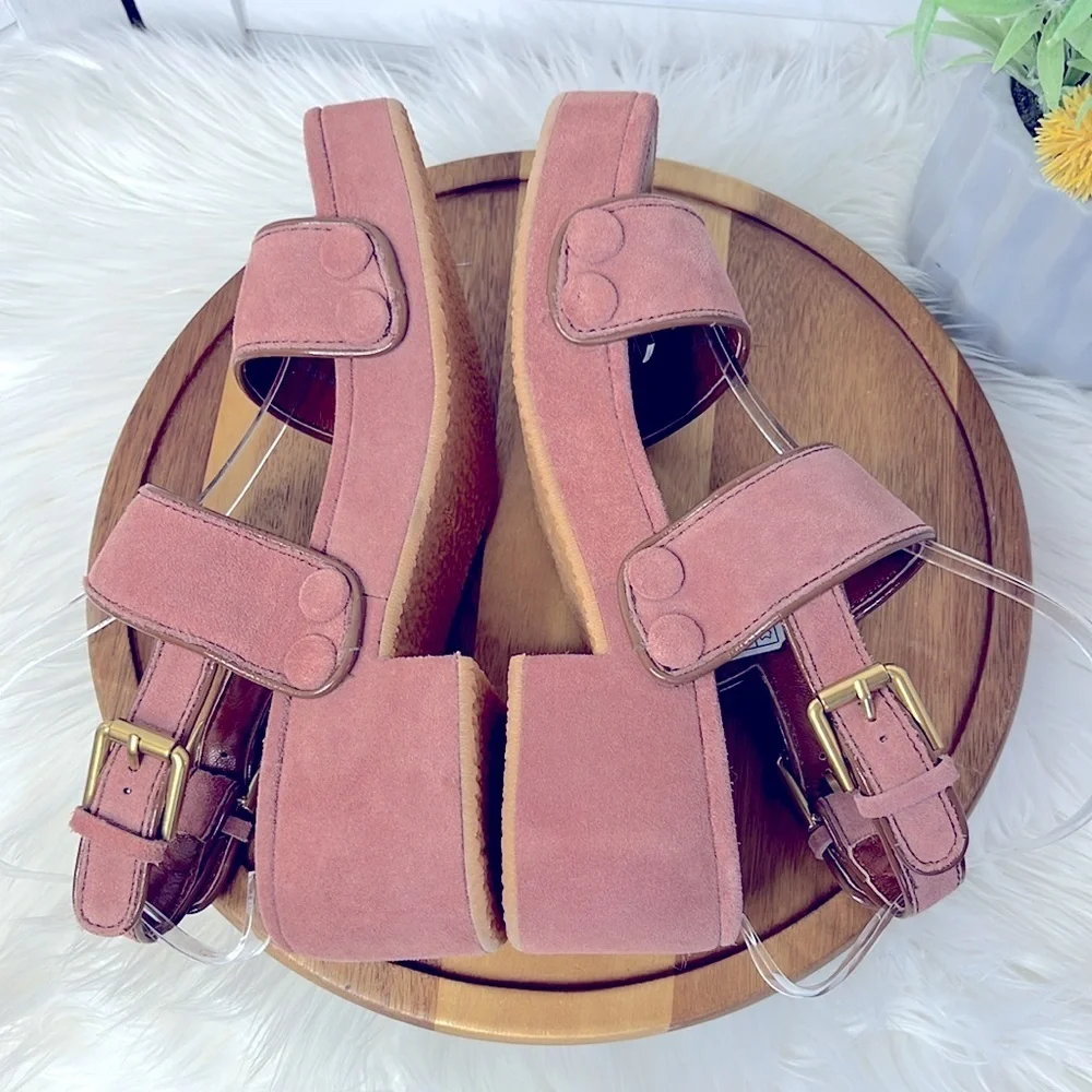 SEE BY CHLOE' l Pink Suede Galy Sandals Chunky Platform Summer Brass Hardware 39 - Picture 9 of 13